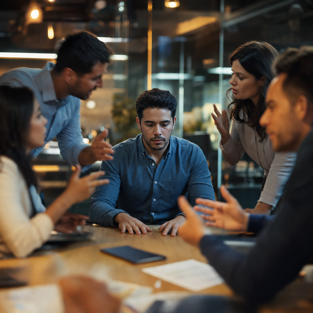 A man frozen mid-sentence in a meeting while colleagues speak confidently around him