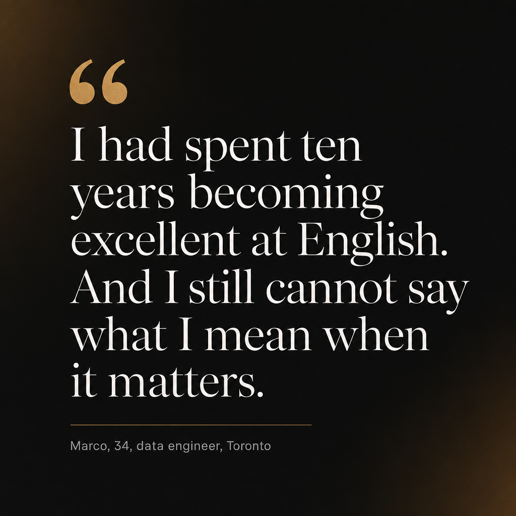 Quote: I had spent ten years becoming excellent at English. And I still cannot say what I mean when it matters.